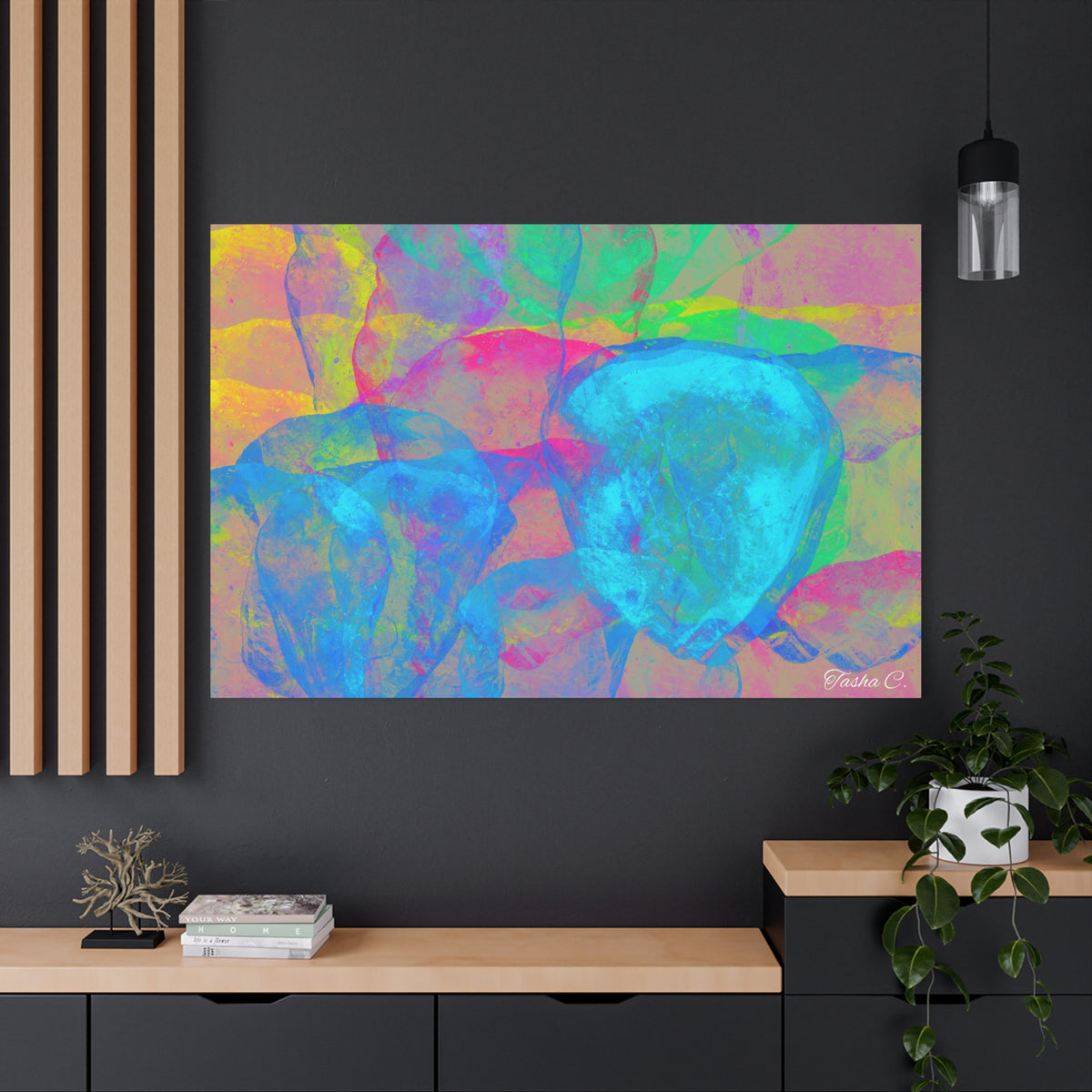 Original Neon Floral Abstract Matte Canvas - Luxury Extra large Wall Art - 60x40
