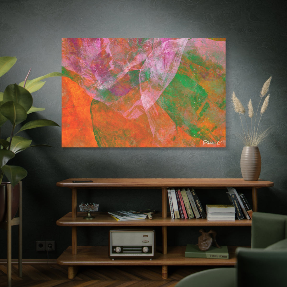 Original Abstract Orange Pink Green Painting Canvas - Luxury Extra large Wall Art - 60x40