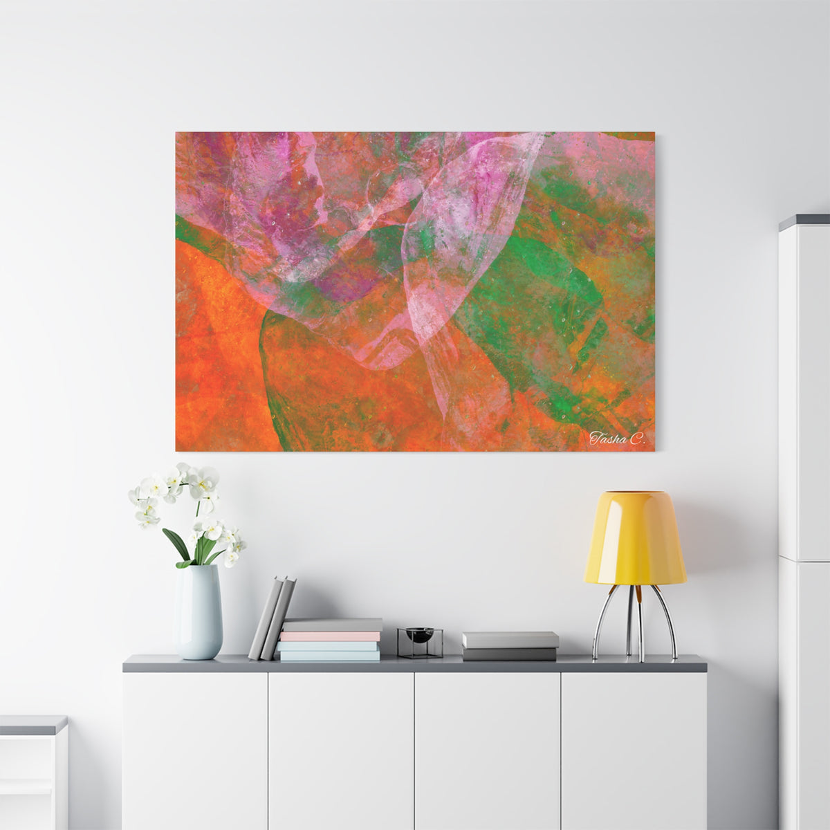 Original Abstract Orange Pink Green Painting Canvas - Luxury Extra large Wall Art - 60x40