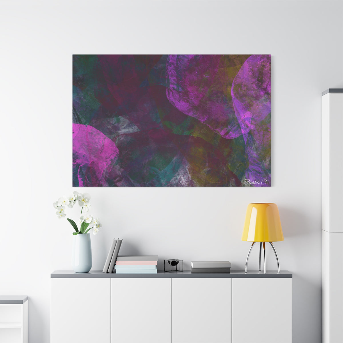 Original Abstract Purple Floral Wash Matte Canvas - Luxury Extra Large Wall Art - 60x40